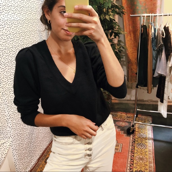 Madewell Sweaters - Madewell Black Puff Sleeve V-Neck Sweater xxs